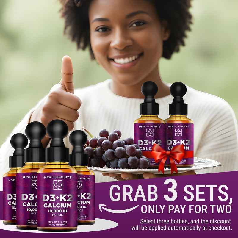 New Elements [2 𝐏𝐚𝐜𝐤] Liquid Vitamin D3 K2 Drops with Calcium for Adults | Vitamin D3 10,000 IU | D3 K2 with Calcium for Bone Health & Immunity Support | Joint Health Supplement | Non-GMO | Vegan