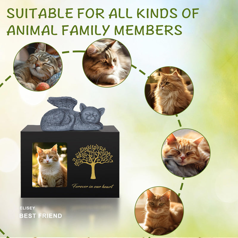 DiDiBirDi animal urns for cats, pet cremation box, cat urn for ashes, black cat urns made of wood for ashes, comes with a cat angel statue made of resin and a velvet bag for storage set 1 - BeesActive Australia