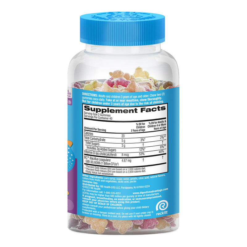 Digestive Advantage Daily Kids Probiotics - 2X 80ct Fruit Flavor Gummies natural fruit flavours 80 Count (Pack of 2)