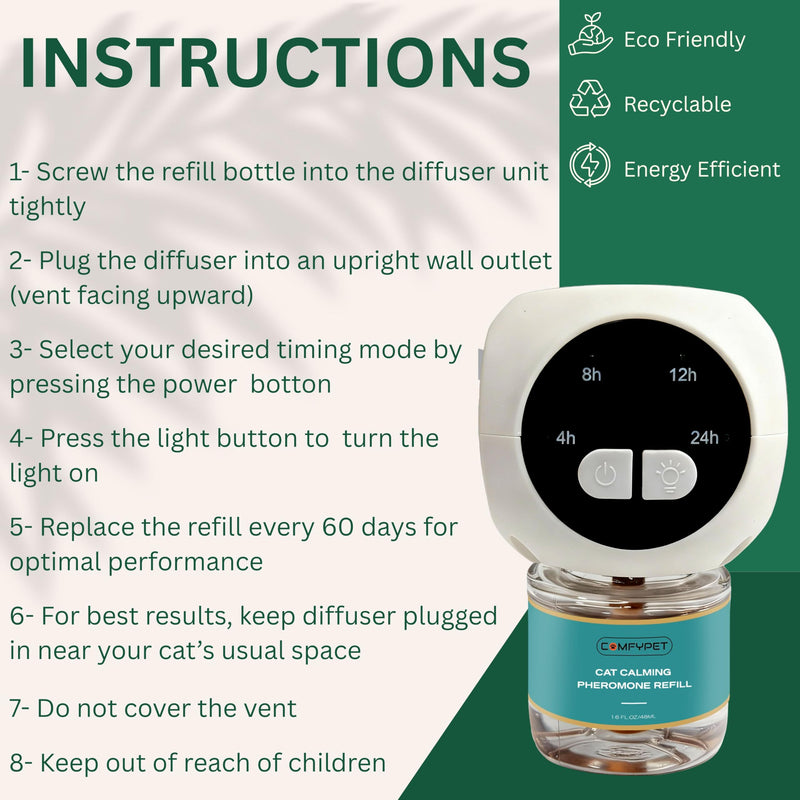 60-Day Cat Calming Pheromone Diffuser - Reduces Urine Spraying, Anxiety, Scratching & Meowing, Timer Modes to Extend Refill Life (2 Diffusers + 2 Refills)
