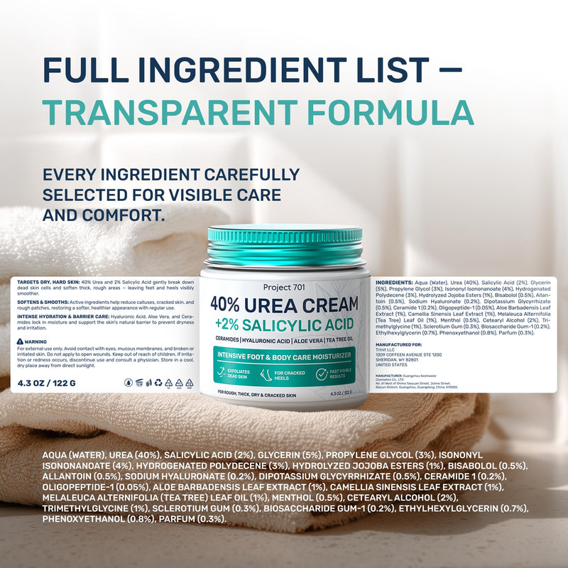 Urea Cream 40 Percent for Feet Maximum Strength, Callus Remover Foot Cream, Dry Cracked Heels Exfoliating Lotion with Salicylic Acid, Ceramides, Tea Tree Oil – Women and Men, 4.3 oz