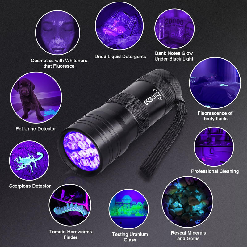 Escolite Black Light Flashlight, 12LED 395nm UV Handheld Black Light Mini, Dogs Urine Detector for Dry Urine Stains, Bed Bugs, Scorpions(2 Packs) - BeesActive Australia