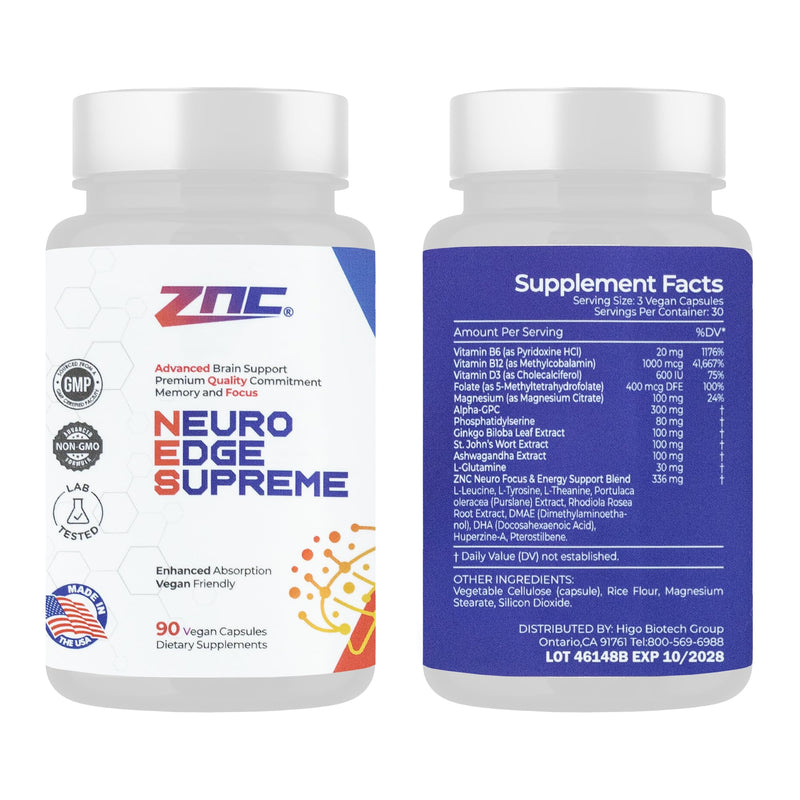 ZNC® Brain Supplement Nootropic for Memory & Focus with Alpha GPC Ginkgo Biloba Bacopa Monnieri Vitamin B6 B12 Phosphatidylserine 90 Ct