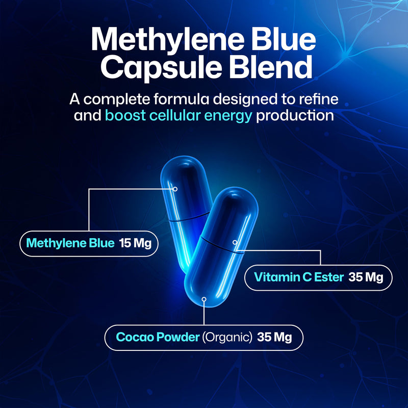Methylene Blue Capsules 15mg - USP Grade Pharmaceutical Supplement, 99% Pure with Vitamin C Ester - Non-GMO, Vegan Pills for Focus, Memory & Cognitive Energy - 60 Count