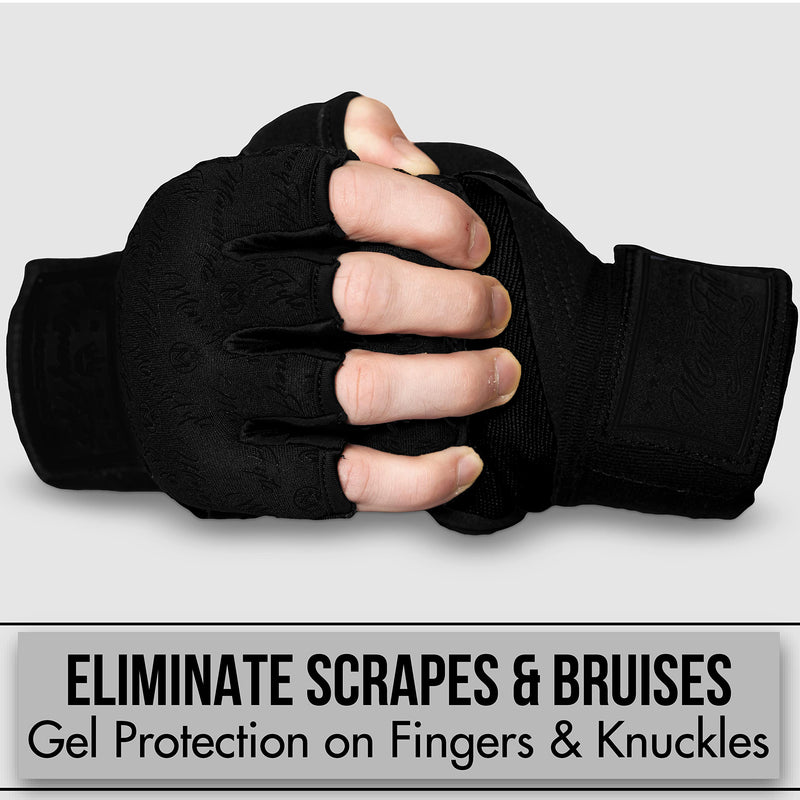 Quick Gel Boxing Wraps Under Boxing Gloves - Kickboxing MMA Muay Thai - Fist, Knuckle, Wrist Wrap Protection Inner Glove Hand Wraps - Men Women Kids All Black S/M