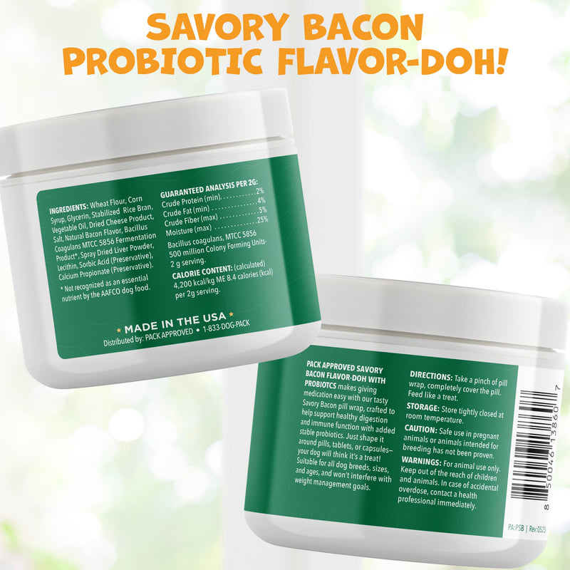 Pack Approved Flavor-Doh with Dog Probiotics - Flavored Pill Wrap for Dogs to Hide Capsules and Shape into Pill Pocket Treats for Dogs - Easy-to-Use Treat Paste for Pet Medicine - Savory Bacon (4.2oz)