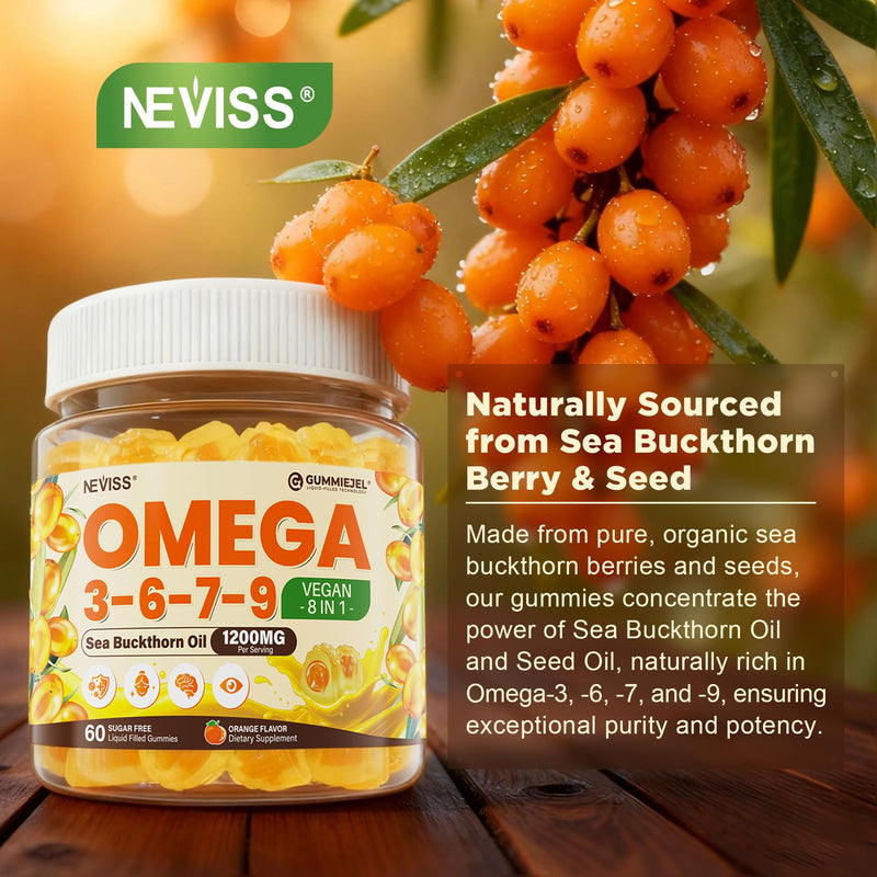 Omega 3-6-7-9 Gummies, Sea Buckthorn Oil 1200MG & Flaxseed Oil 500MG, 60 Ct | Organic Omega 7 Supplement w/Vitamin A, C, E, Fatty Acids, No Fish Taste, Supports Skin, Eye, Immune, Brain Health, Vegan 60 Count (Pack of 1)