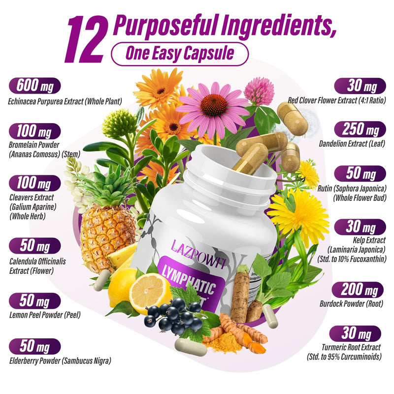 Lymphatic Drainage Supplements, 1540mg Lymph System Support Supplement for Women & Men with Dandelion, Burdock, Echinacea,Rutin, Turmeric,Cleavers & More, 60 Capsules 1 Count (Pack of 60) - BeesActive Australia