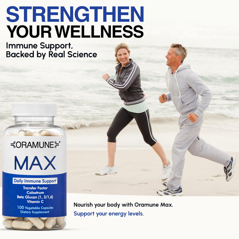 Max Support Supplement with Transfer Factor, Pure Bovine Colostrum, Beta-1, 3/1, 6-D Glucan & Vitamin C for Daily Immune System Function, Enhances Overall Health & Wellness - 100 Capsules Oramune Max