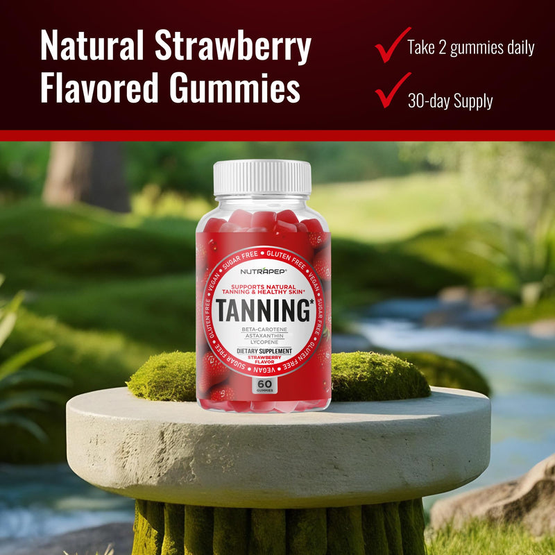 NutraPep Tanning Gummies for Women - Self Tan Bronzing Oral Tanning Chews | Work Without Sun - No Sugar Vegan with Astaxanthin Lycopene Beta Carotene Vitamins - Glow Skin Health Daily Supplement 60 Count (Pack of 1)
