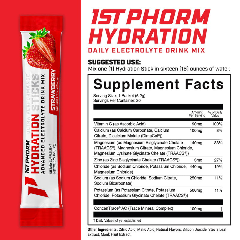 1st Phorm Hydration Sticks, Strawberry, Electrolyte Drink Mix, 20 Ct | With Vitamin D & Calcium, 1150mg Electrolytes & Vitamins Per Stick, NSF Certified, Zero Sugar, Travel-Ready Stick Packs Strawberry (Daily)