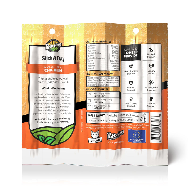 Stick a Day | Specially Formulated 7-in-1 Functions Daily Real Meat Supplement for Cats | Cat Chew Stick & Pet Vitamins Supplements Combination (7-Pack x 4, Chicken) 7-Pack x 4 - PawsPlanet Australia