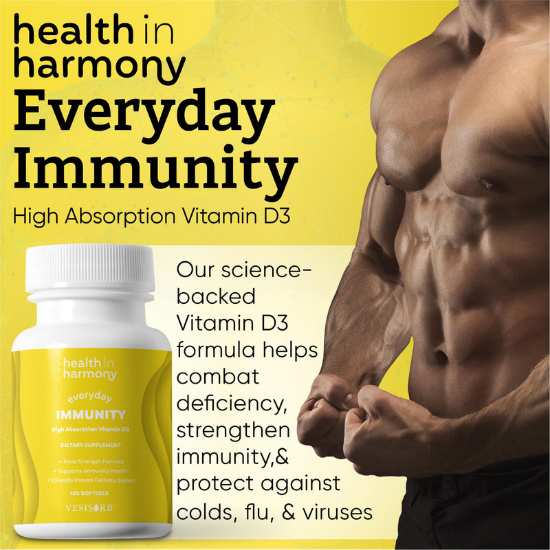 Everyday Immunity 4000 iu Vitamin D3 Supplement - Fast Acting Immune Support Supplement for Bone/Cellular Health - Non GMO, Dietary Supplements - Utilizes Vesisorb® (120 softgels)