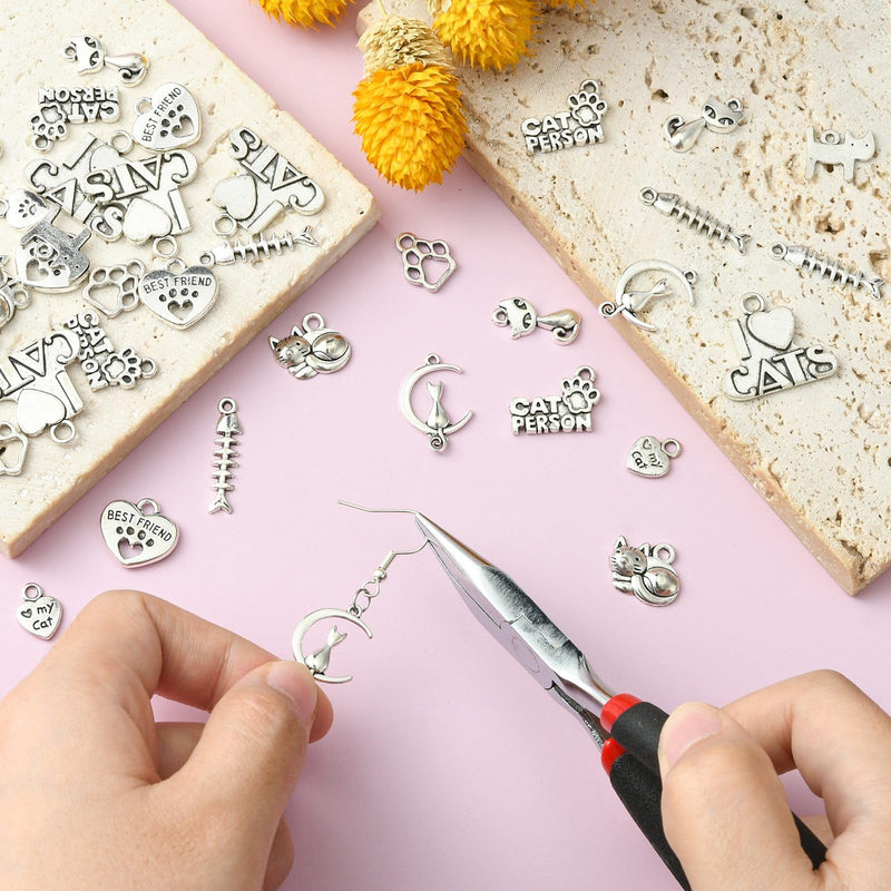 Ornazy 50 pcs 10 Styles Craft Supplies Antique Silver Animals Cat Pet Charms Tibetan Kitten Charms for DIY Necklace Bracelet Jewelry Making - BeesActive Australia