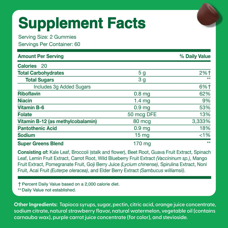Feel Great Super Green Gummies Teen Vitamins | Vegan Veggie Gummy Multivitamin for Teens | Fruit and Vegetable Supplement | Veggie Fiber Supplement | 60 Count