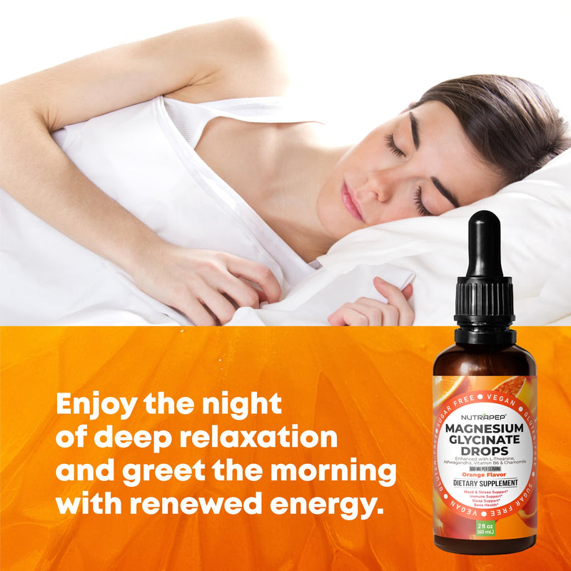 NutraPep Liquid Magnesium Glycinate Drops Supplement - 500mg Cortisol Complex with L-Theanine Ashwagandha Vitamin B6 Chamomile - Wellness Sleep Stress Mood Support for Adults Men Women