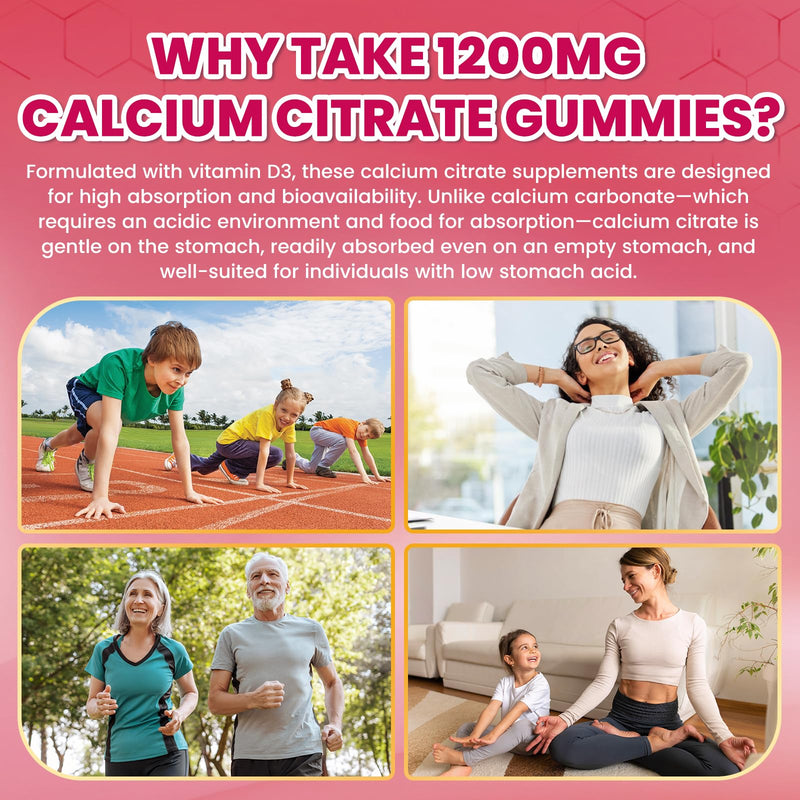 Calcium Citrate Gummies - 1200mg Calcium Gummies Supplements for Women & Men with Vitamin D3, K2, Magnesium, Zinc High Absorption for Bone, Muscle & Immune Support, Raspberry Flavor, 120 Count 60 Count (Pack of 2)