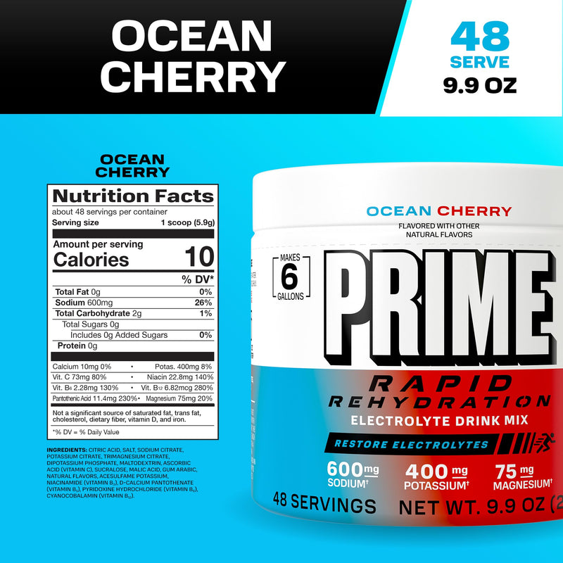 Prime Rapid Rehydration Electrolyte Powder, Ocean Cherry, Sugar Free Hydration Drink Mix with Sodium, Potassium, Magnesium & B Vitamins to Replenish Fluids, Caffeine Free, 6 Gallon Tub, 48 SRV