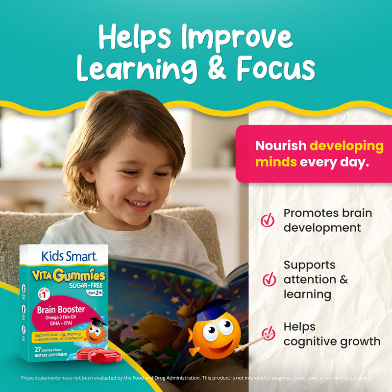 KIDS SMART Brain Booster Omega-3 DHA EPA Gummies, Focus & Memory, Kids 2+ | Omega-3 DHA + EPA Fish Oil Gummies, 27 Count, Sugar-Free, Gluten-Free, Non-GMO, Supports Focus, Memory, Learning & Behavior