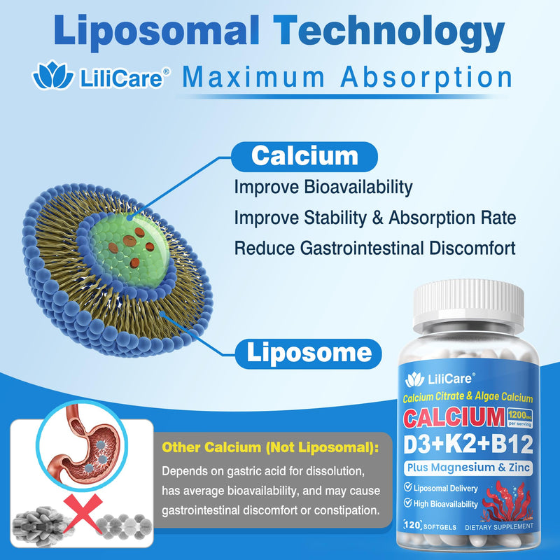 Calcium 1200 mg with Vitamin D3 K2 5000 IU Softgels Supplement for Women Men - Liposomal Calcium Citrate & Algae Calcium Magnesium Zinc + D3 K2 B12, Plant-Based Vegan Vitamin D, Boron for Bone, 2 Pack 120 Count (Pack of 2)