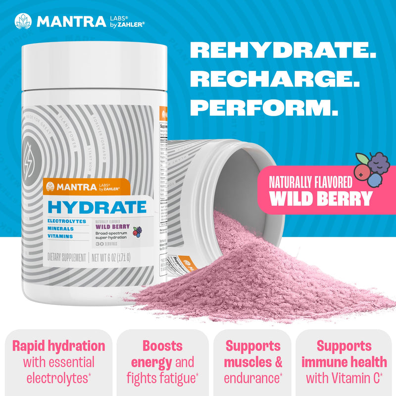 Zahler Mantra Hydrate – Sugar Free Electrolytes Powder – No Sugar Hydration Powder Electrolyte Mix Supplement – Minerals and 100% of Vitamin C & B12 – Keto Paleo Vegan Kosher Made in USA (Wild Berry)