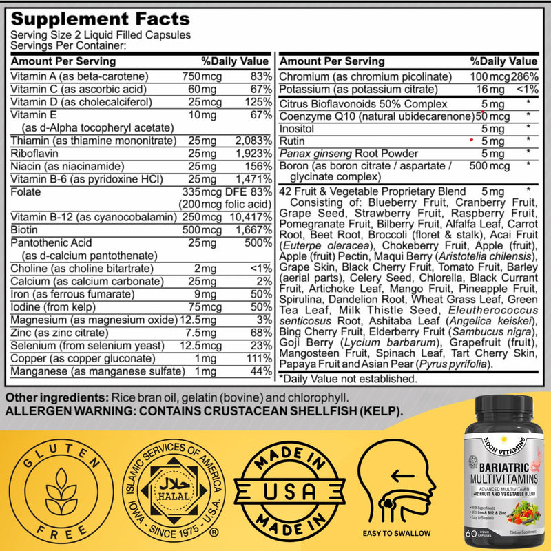 Bariatric Multivitamin with Iron for Women & Men - All-in-One 42 Superfood Blend for Energy & Immune Support - Post-Surgery Recovery, Easy-to-Swallow, Halal, Made in USA (60 Liquid Capsules) 60 Capsules