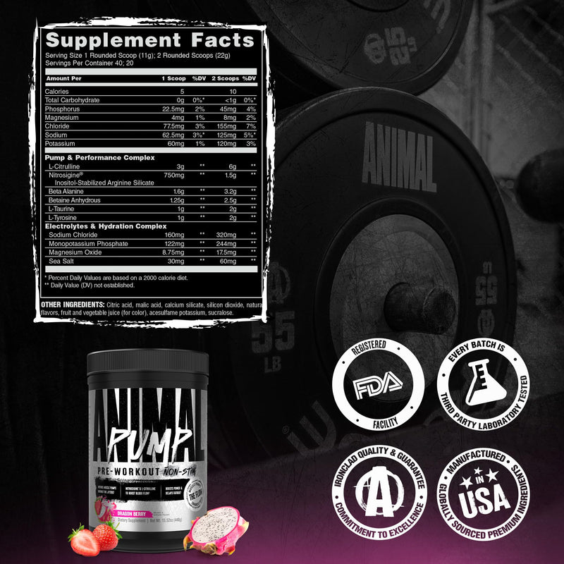 Animal Pump NS Stim-Free Pre-Workout – 6g L-Citrulline + 1.5g Nitrosigine for Pumps, Beta-Alanine & Electrolytes for Endurance, Caffeine-Free Focus, Men & Women – Dragon Berry, 20 Servings