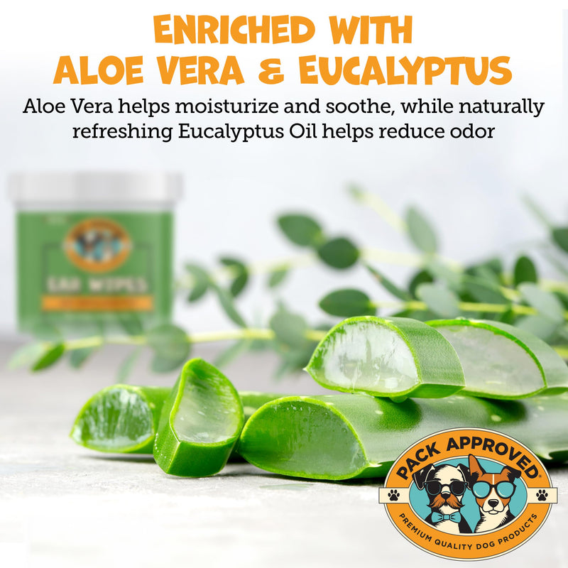 Pack Approved Ear Wipes for Dogs with Aloe Vera & Eucalyptus - Gentle Ear Cleaner for Dogs to Help Remove Wax and Odor - Convenient and Mess-Free Cleaning Pads for Dirty, Itchy Ears - 100 Wipes Regular Wipes