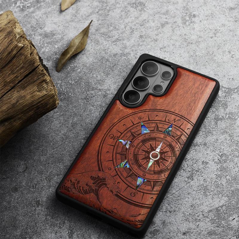 Carveit Magnetic Wooden Case for Samsung Galaxy S26 Ultra Case, Wood Artisan Engraved & Handmade Shell Inlaid, Compatible with MagSafe Wireless Chargers (Wave Compass) Rosy Wave Compass-Rosy
