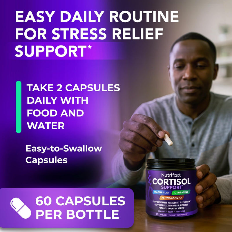 Cortisol Reducer for Men & Women with Ashwagandha & Magnesium, Vegan | Cortisol Supplements for Women & Men - With Rhodiola, Holy Basil and B Vitamins; Non-GMO, Made in USA - 60 Capsules