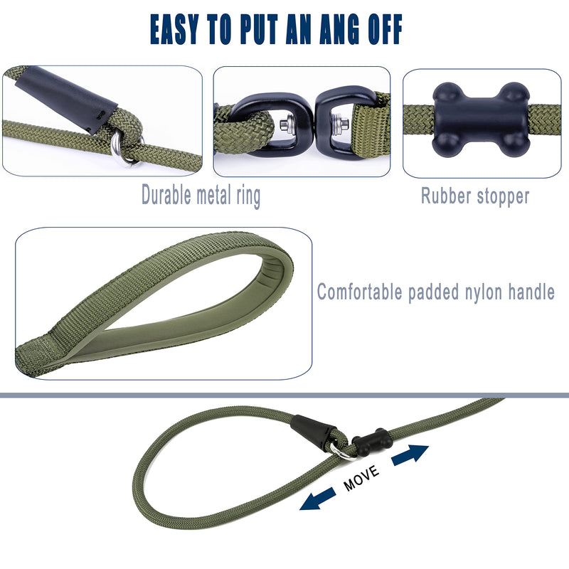 Slip Lead Dog Leash(6ft)，Strong Nylon Rope Leash Anti-Choking Anti-Pull and Outdoor Walking Training Lead for Small Medium Large Dogs (Army Green, 1/2"×6ft) Army Green - BeesActive Australia