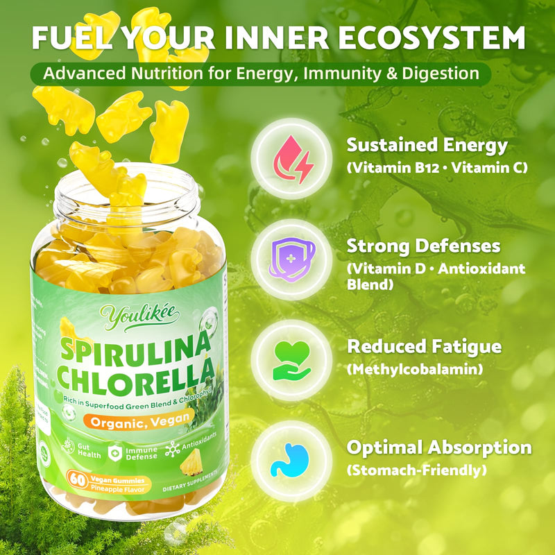 2 Pack Spirulina Chlorella Gummies, Supports Daily Energy & Immune System | Super Greens Blend with Protein, Chlorophyll, Vitamin C, D3, B12, Zinc, Pineapple Flavor, 120 Count 60 Count (Pack of 2)