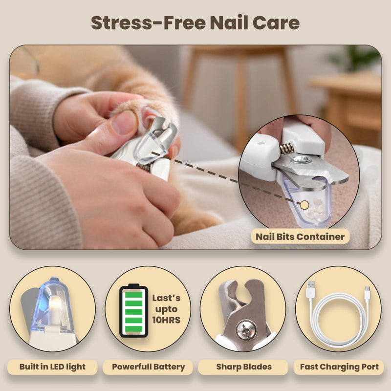 2-in-1 Dog Nail Clippers & Cat Nail Clipper with 2 LED Lights, USB Rechargeable with Safety Guard, Low Noise Grooming Tool for Small, Medium, and Large Dog & Cat Nail Trimmer(White) white