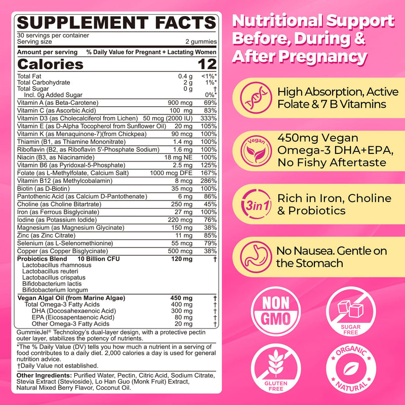 Prenatal Multivitamin Gummies w/ Methylfolate Omega-3, Iron Choline, 120Cts | Prenatal Vitamins for Women Gummies w/ Iodine, Biotin, B6 B12 D3 for Prenatal, Pregnancy, Postpartum,Vegan Non-GMO,Sugar Free 60 Count (Pack of 2)