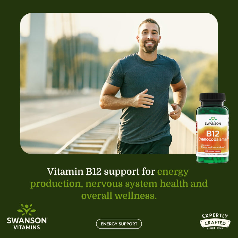 Swanson Vitamin B12 Cyanocobalamin 500 mcg, 250 Vegan Capsules | Aids Nervous System and Cardiovascular Health, Supports Red Blood Cell Production*, Non-GMO and Gluten Free 250 Count (Pack of 1)