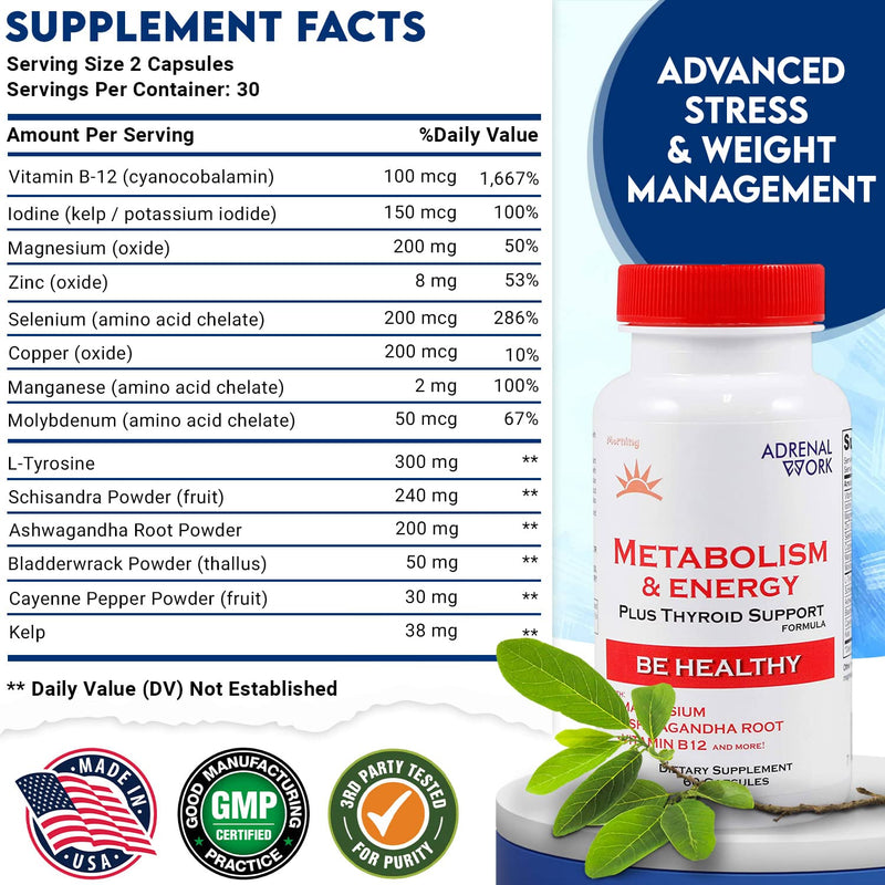 Adrenalwork Adrenal Support Supplement - Organic Ashwagandha Capsules for Stress Relief, Calm Energy & Focus - Adaptogen Blend with Rhodiola & Holy Basil - Men & Women - 60 Capsules