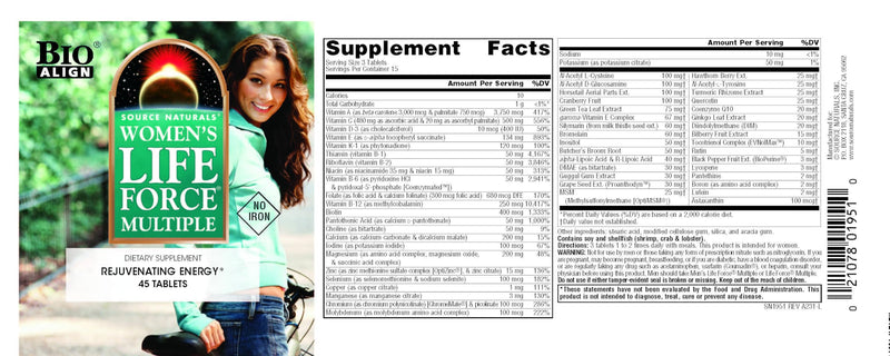 Source Naturals Women's Life Force Multiple Iron Free - Daily Complete Multivitamin 13 Essential Vitamins, Antioxidants, Herbs, Nutrients & Minerals - Enhanced Energy & Immune Boost - 45 Tablets 45 Count (Pack of 1)