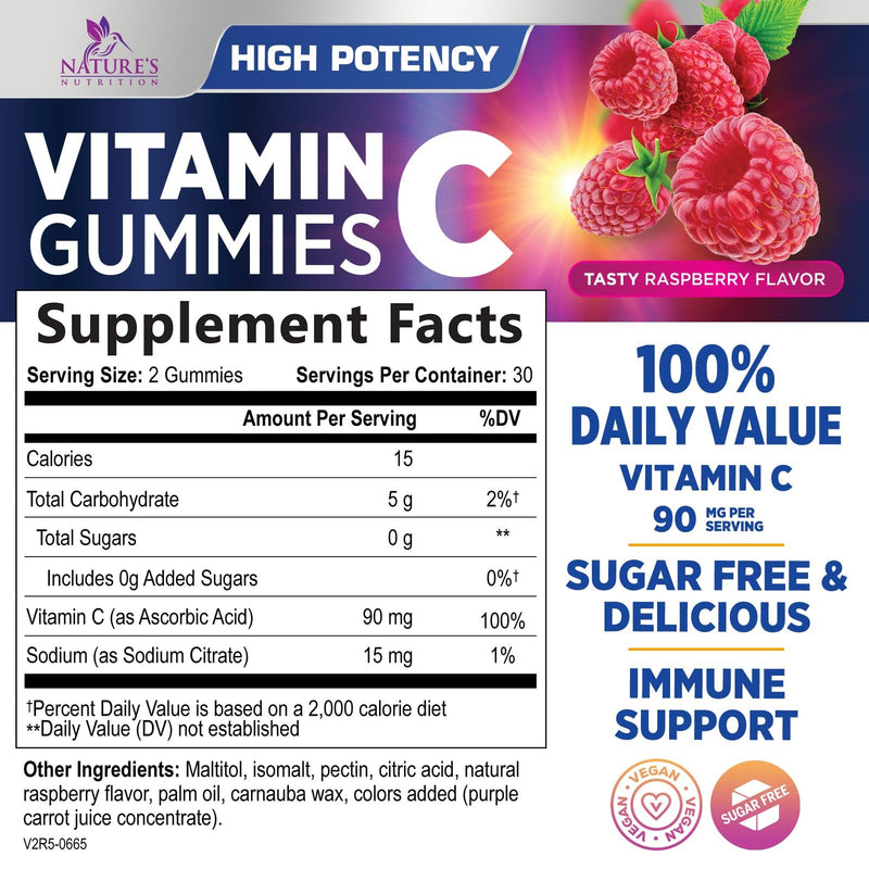 Zero Sugar Vitamin C Gummies - Immune Support & Antioxidant VitaminC Dietary Supplement - Vegan, Non-GMO, Dairy & Gluten Free C Vitamin Gummy - Raspberry Flavor for Kids & Adults - 60 Count Gummies 60 Count (Pack of 1)