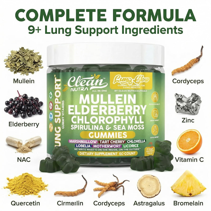 Clean Nutra Mullein Gummies for Lung Health Support with Elderberry Chlorophyll Spirulina Tart Cherry Sea Moss Vitamin C Lutein Marshmallow Root Licorice Root Superfood Greens Mucus Relief 60 Gummies