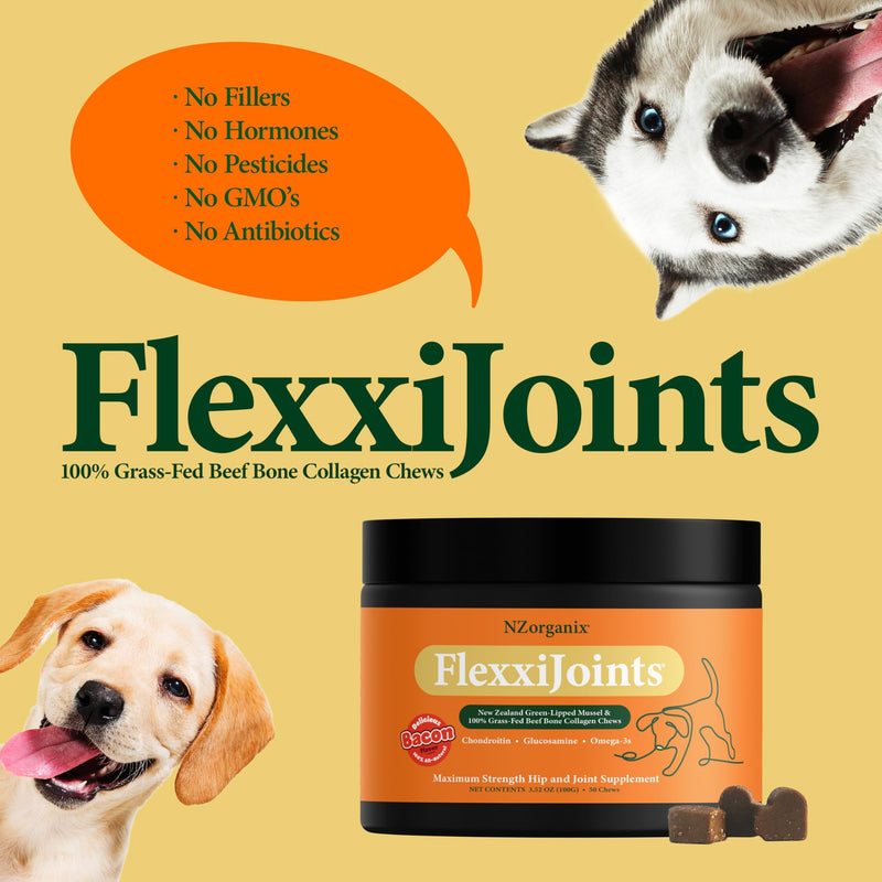 NZorganix FlexxiJoints Hip and Joint Supplement Chews for Dogs, Cats • 100% Grass-Fed Beef Bone Collagen New Zealand Green-Lipped Mussels • 100 Chews