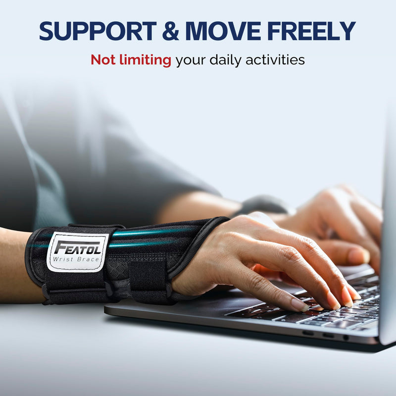 FEATOL 2 Pack Carpal Tunnel Wrist Brace For Work With Wrist Splint, 6.5'' Hand Brace Night Support For Women Men, Pain Relief For Tendonitis, Arthritis, Pregnancy, Typing, Right and Left Hand, Large 2 Pack (R and L)-Black.