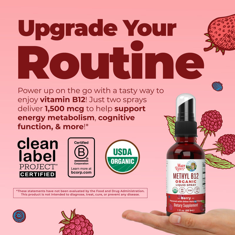 MARYRUTH'S Organic Methyl B12 Spray, 1,500 mcg B12 Per Serving, 1 Fl Oz | Energy Metabolism Support, Gluten Free, Vegan, Non-GMO Berry 1 Fl Oz (Pack of 1)