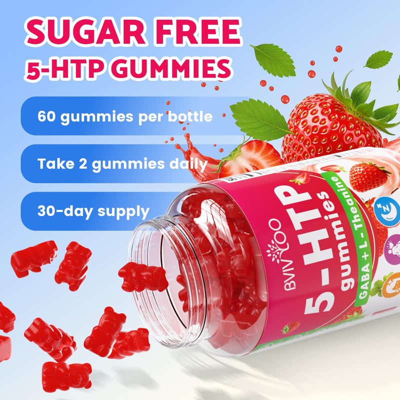 2 Pack 5-HTP Gummies + GABA - L-Theanine, Vitamin D3, Circadian Rhythm for Adults, Strawberry Flavor, 120 Count 2pack