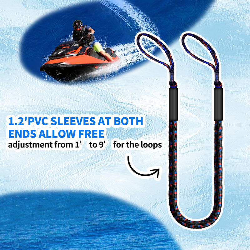 6FT Bungee Dock Line for Boats – Extra-Long Elastic Mooring Rope with Loops – Heavy-Duty Tie-Down for Pontoon, Yacht, Jet Ski (Black/Red/Blue) black, red & blue 6ft