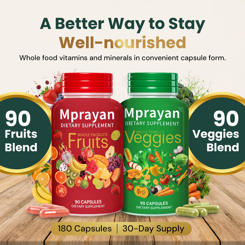 Fruits & Veggies Capsules – Whole Food Fruit & Vegetable Supplement – 90 Fruit + 90 Veggie Capsules (2 Bottle System) – Vegan, Non-GMO – No Powders or Mixing – Daily Nutrition for Men & Women