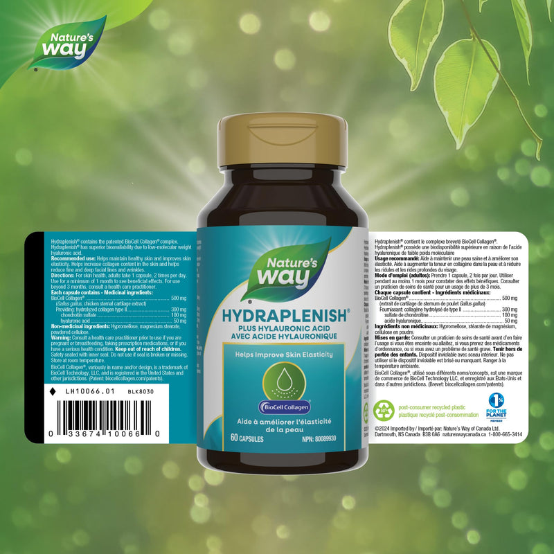 Nature's Way Hydraplenish, BioCell Collagen Hyaluronic Acid Capsules, 60 ct | Skin Collagen and Elasticity Support Supplement*, Formulated with the BioCell Complex Including Chondroitin Sulfate