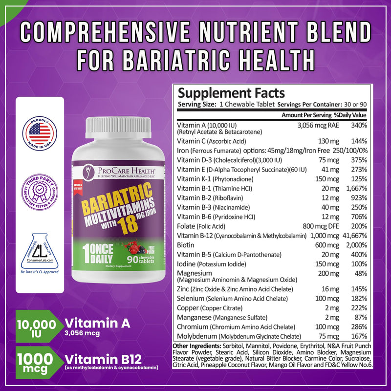 Core-18 Bariatric Multivitamin | Fruit Punch | Chewable | 90ct | Once Daily Bariatric Multivitamin with Iron 45mg Chewable Tablets for Gastric Bypass, Sleeve & Post-Op Support - Made in USA 90 Count (Pack of 1)