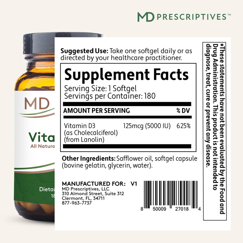 MD Prescriptives Vitamin D3 180 Gelcaps - Maximum Absorption for Strong Bones, Muscle & Immune Support, Non GMO Vegetarian Softgels, 125 mcg (5,000 IU)
