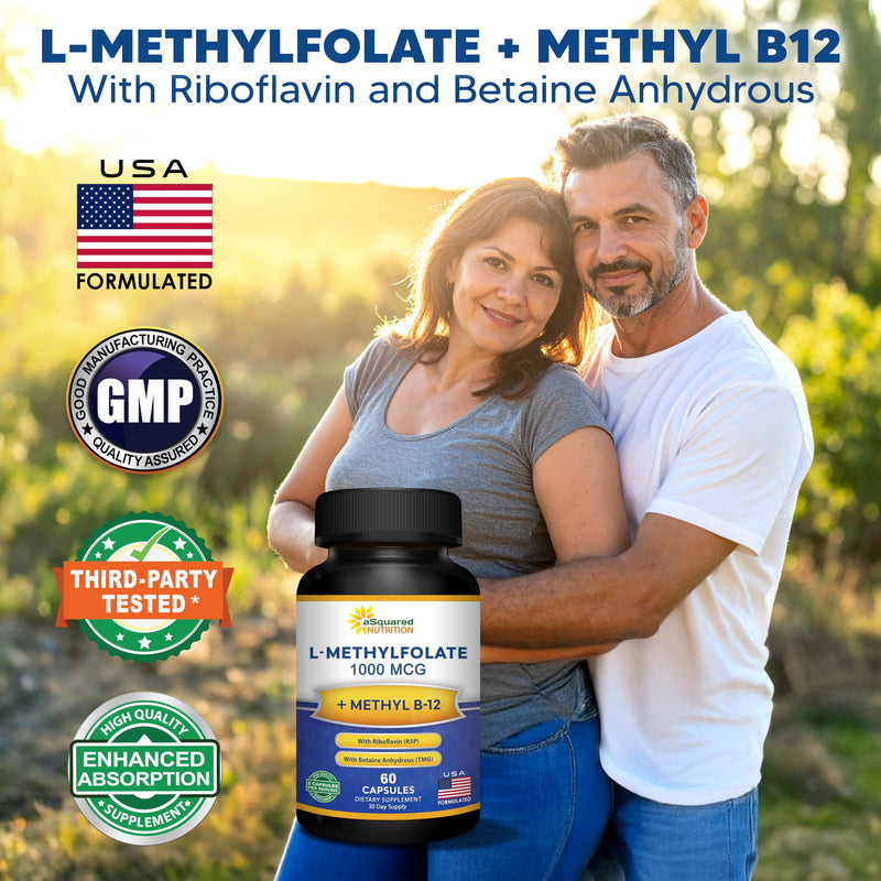 aSquared Nutrition L Methylfolate Plus Methyl B12 - Methylated Folate Supplement for Women & Men - 5-MTHF (Active Vitamin B9) 1000 mcg & B-12 1mg - B Complex - 60 Capsules