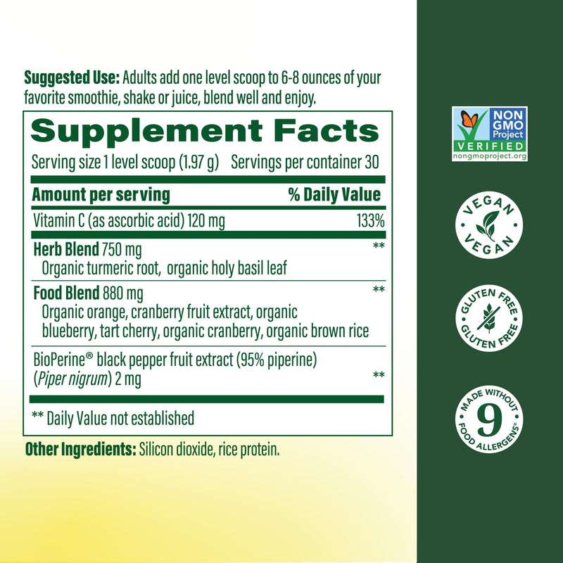 MegaFood Daily Turmeric Powder, Turmeric Supplement, Vegan, 2.08 Oz | Daily Support for Post Workout with Antioxidant Vitamin C, with Black Pepper Extract, Tart Cherry & Holy Basil, 30 Servings 2.08 Ounce (Pack of 1)